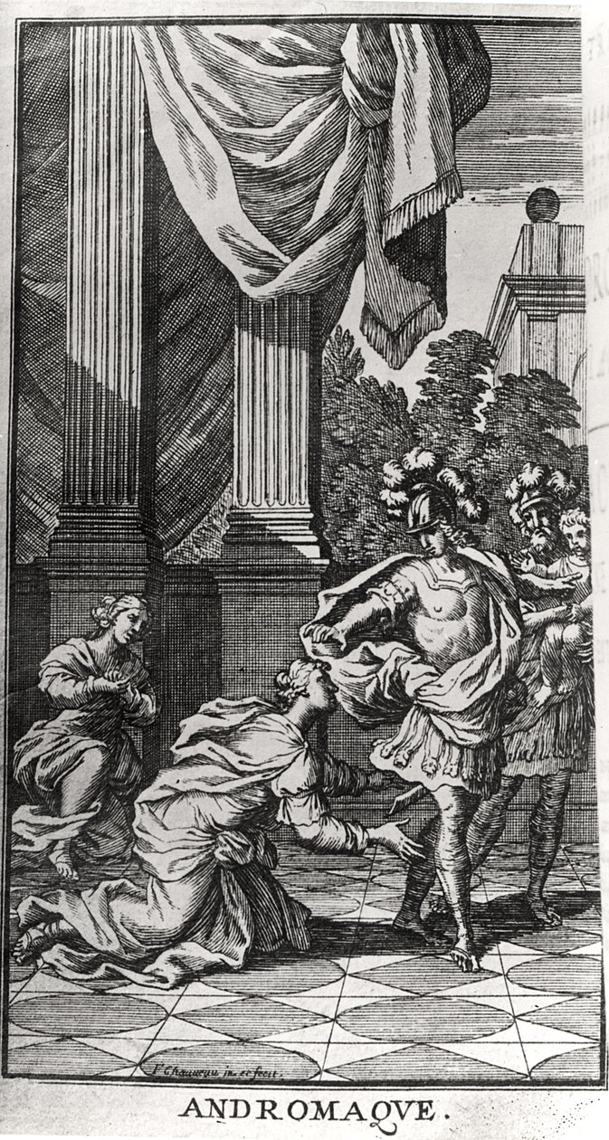 Andromacha u Pyrrhových nohou, z knihy Andromacha od Jeana Racina (1639-99) vydané v roce 1676 od Francois Chauveau