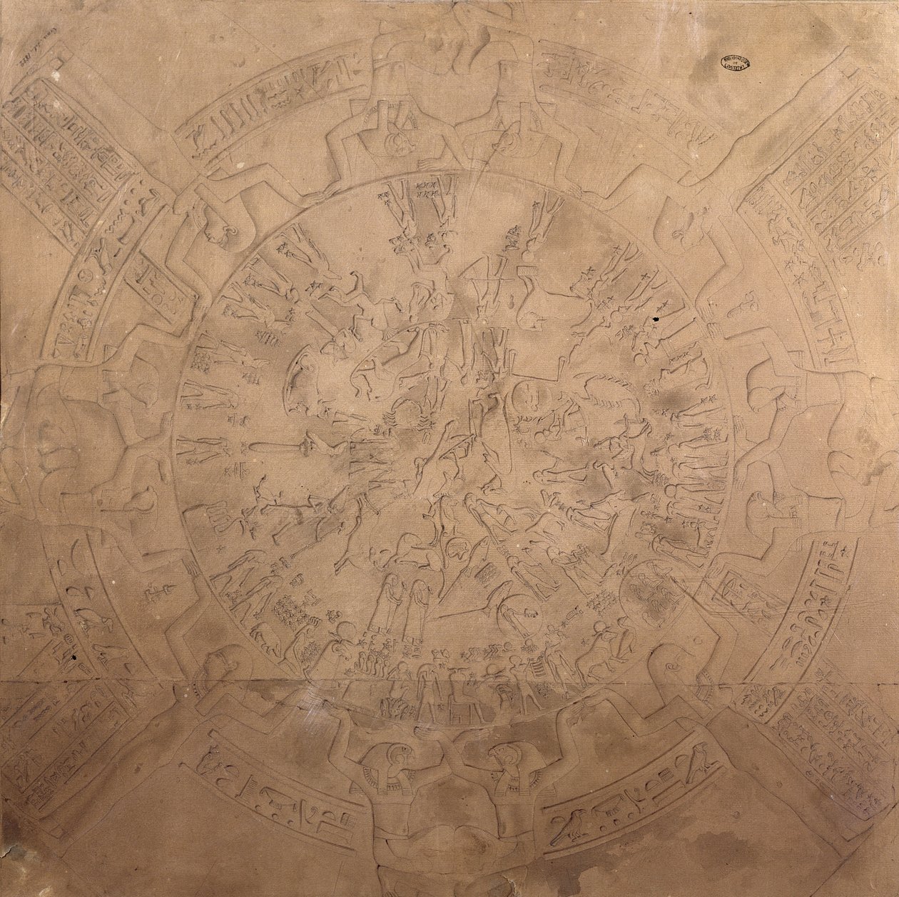 Astrologická planisféra zvěrokruhu z Dendery, ze stropu kaple v chrámu Hathor, Dendera, Egypt, 1822 (pero, tužka a wc na papíře) od Francois Chretien Gau