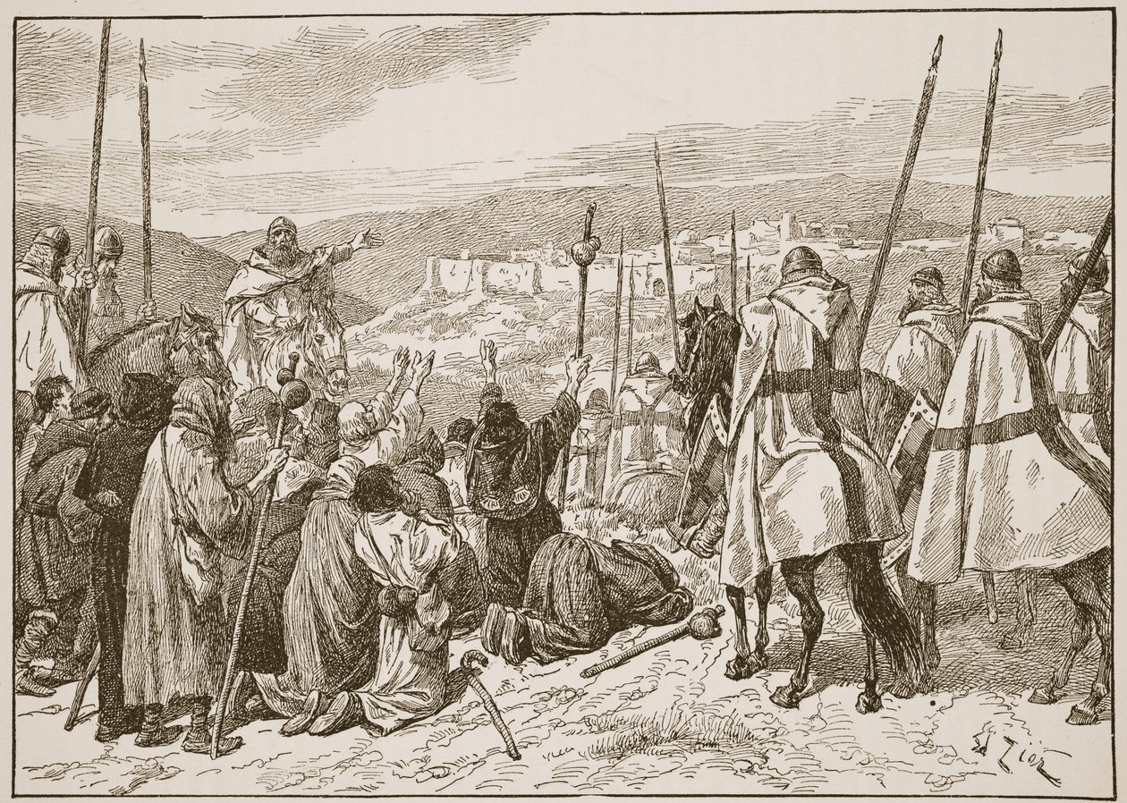Poutníci v doprovodu templářských rytířů, na dohled od Jeruzaléma, ilustrace z 