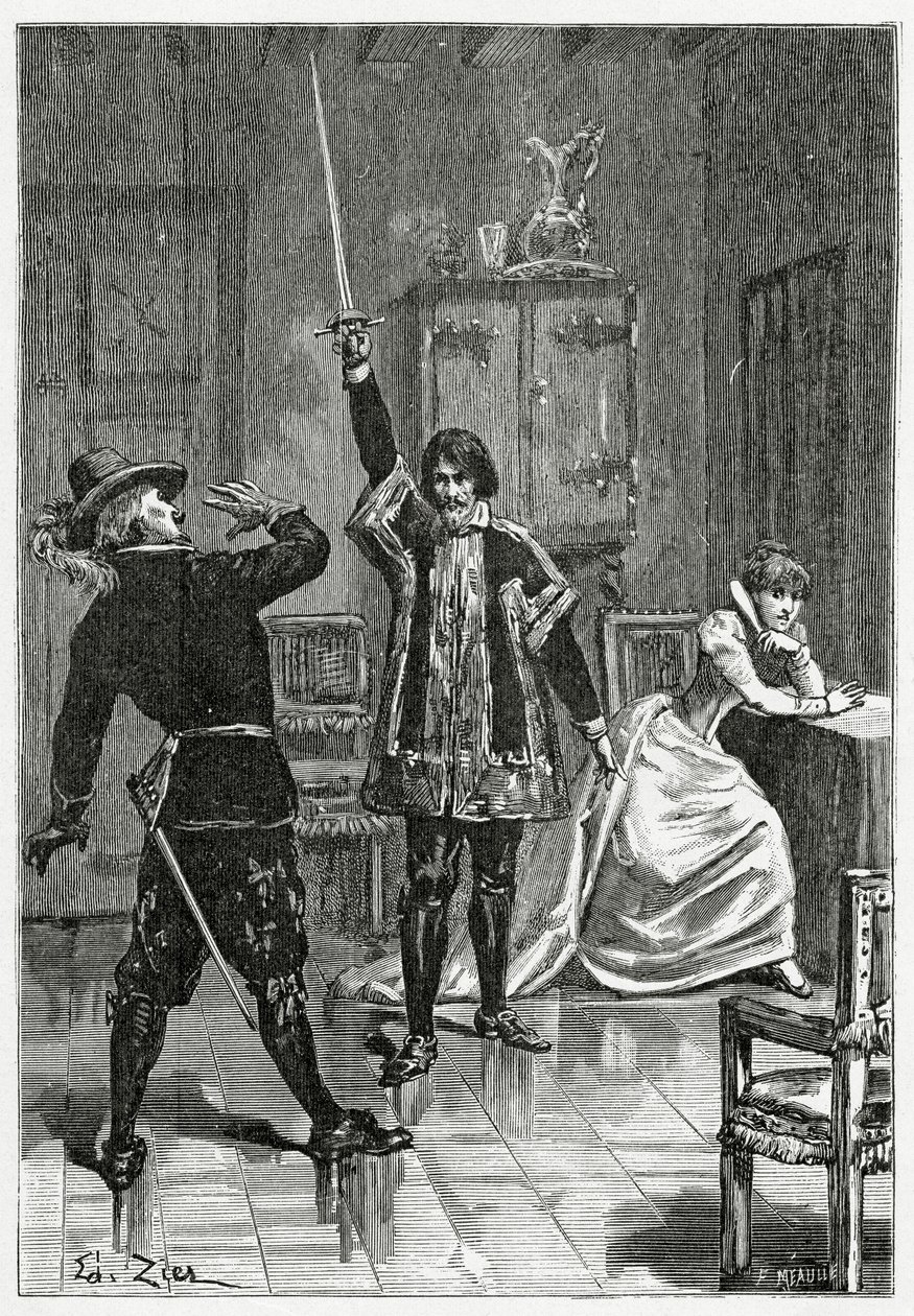 Ruy Blas čelí Donu Sallustovi, 19. století (čb rytina) od Francois Edouard Zier