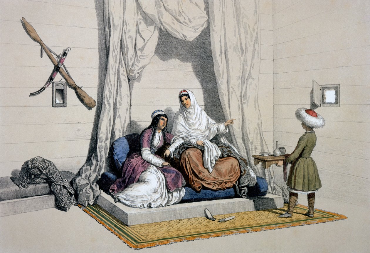 Čerkesské princezny, na pravém břehu Koubanu, ze „Stepů Kaspického moře, Kavkazu, Krymu a jižního Ruska“ od Xaviera Hommaire de Hell, kolem 1838-42 od Francois Fortune Antoine Ferogio