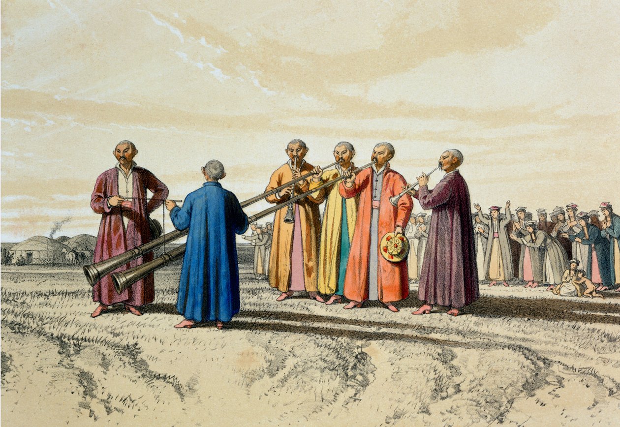 Večerní modlitba mezi Kalmuky za použití extra dlouhých trubek, ilustrace ze „Stepů Kaspického moře, Kavkazu, Krymu a jižního Ruska“ od Xaviera Hommaire de Hell, kolem 1838-42 ( od Francois Fortune Antoine Ferogio