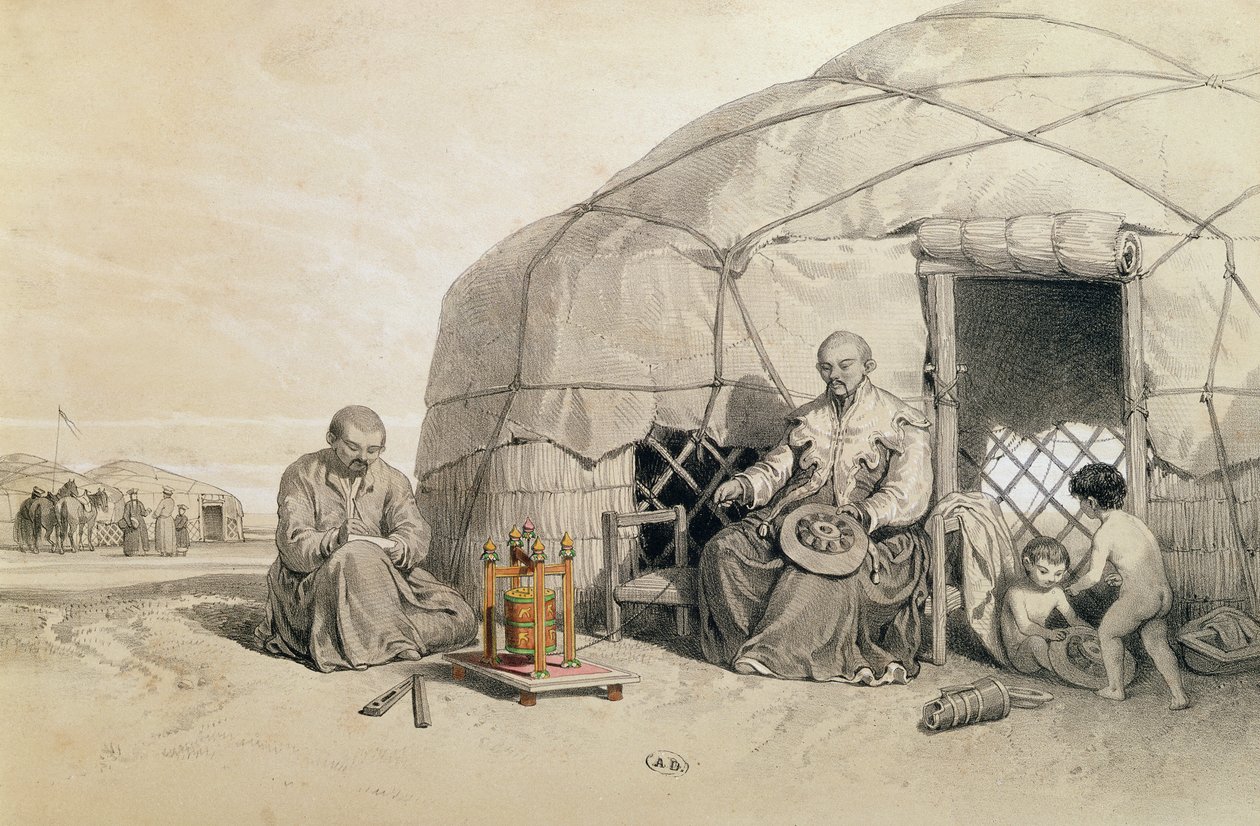 Kalmuks s modlitebním kolem, Sibiř, ilustrace z „Voyage a la mer Caspienne“ od Xaviera Hommaire de Hell (1812-48) kolem roku 1850 od Francois Fortune Antoine Ferogio
