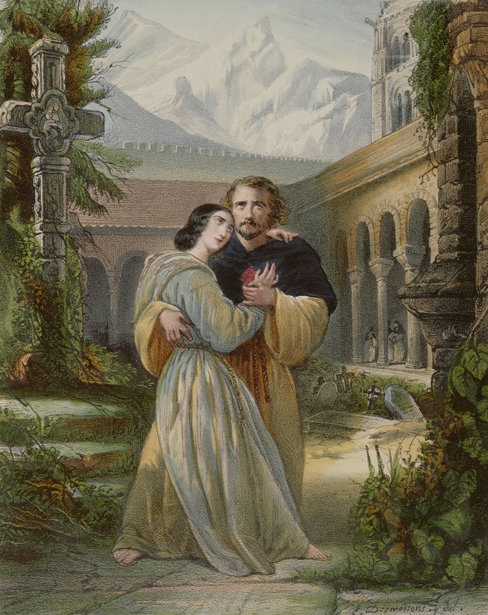 Závěrečný akt (IV. akt) „La Favorite“ zobrazující Leonoru umírající v náručí Fernanda, kolem roku 1850 od Francois Gabriel Guillaume Lepaulle