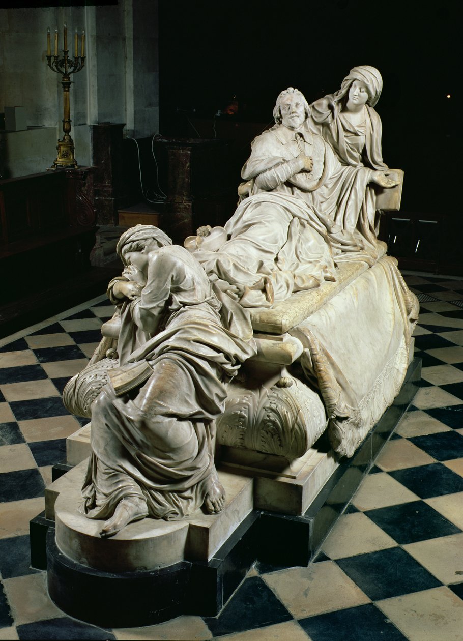 Pohřební pomník Armanda-Jeana du Plessise, kardinála Richelieua (1585-1642) zobrazující kardinála odcházejícího v náručí Piety, plačící sochu křesťanské nauky u jeho nohou, 1675-94 (mramor) od Francois Girardon