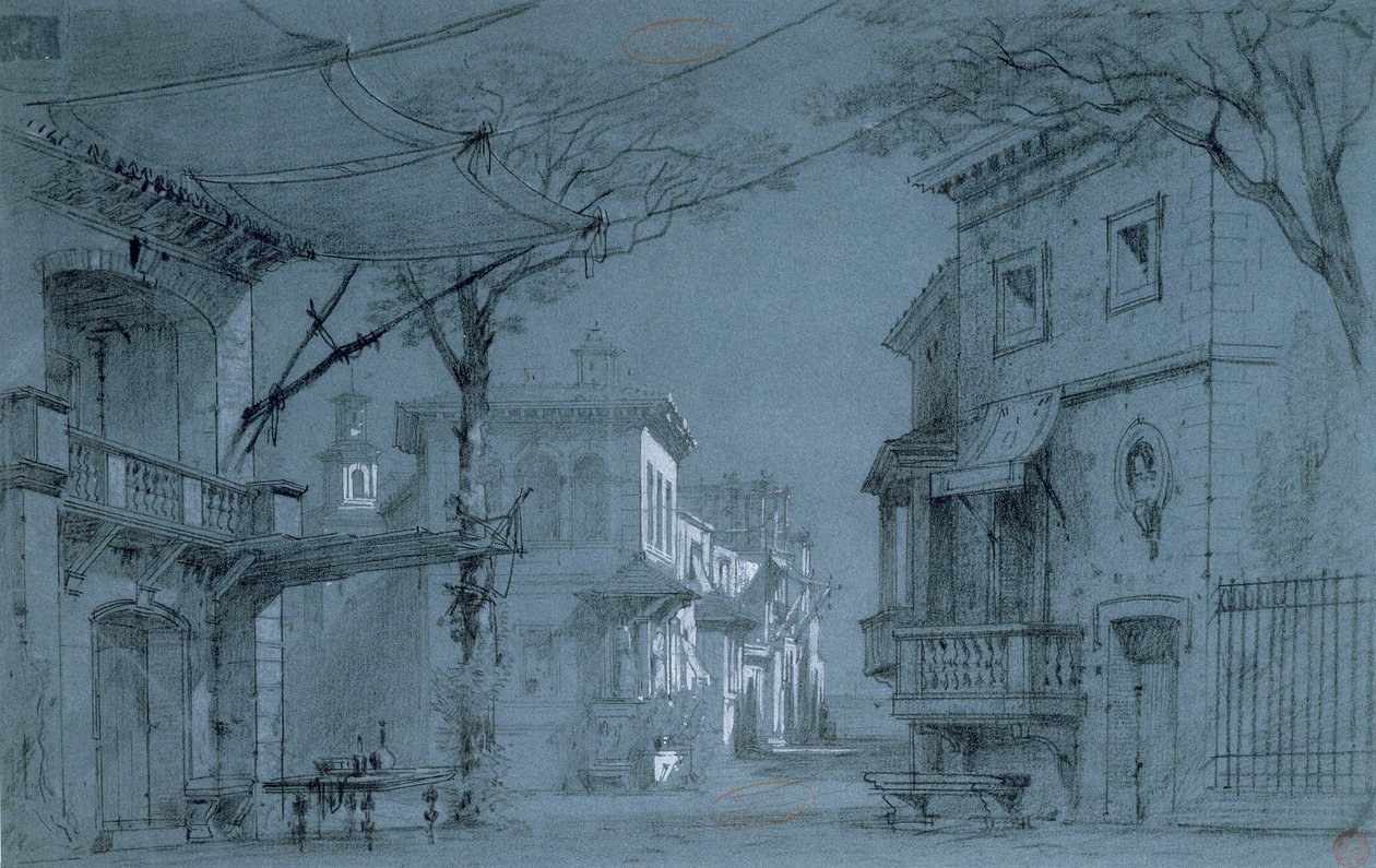 Design pro sadu Les Caprices de Marianne od Alfreda de Musseta (1810-1857) (pero, inkoust a pastelka na modrém papíře) od Francois J. and Rube, Auguste A. Nolau