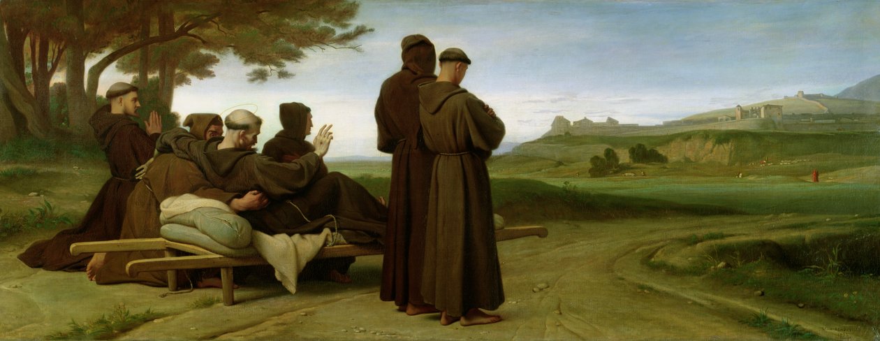 Svatý František z Assisi, když byl nesen na místo svého posledního odpočinku v Saint-Marie-des-Anges, žehná městu Assisi v roce 1226, 1853 od Francois Leon Benouville