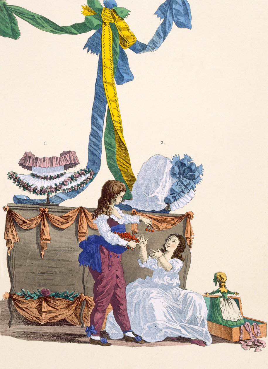Klobouky Andromana a Warwicka, vyryl Dupin, deska č. 320 z "Galeries des Modes et Costumes Francais", 1780. od Francois Louis Joseph Watteau