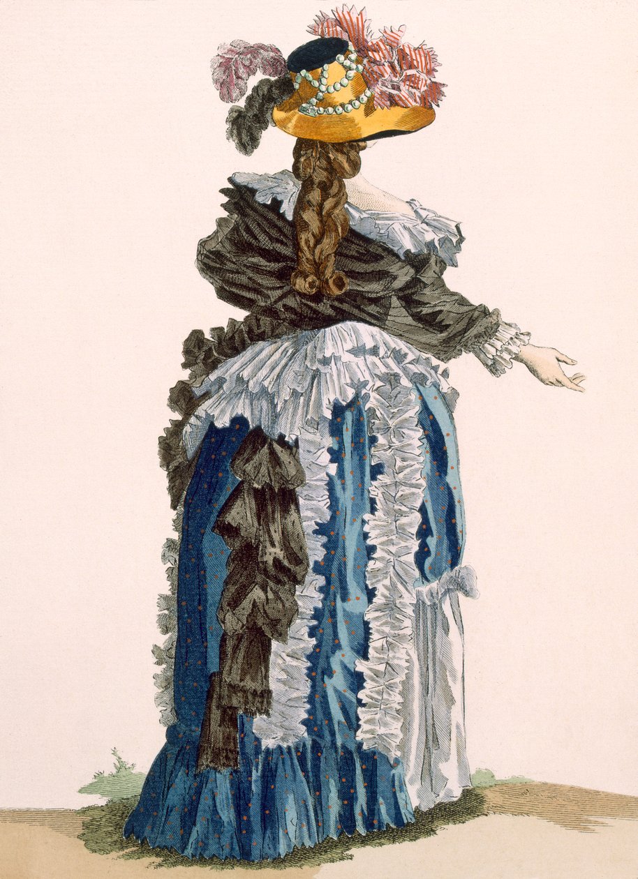 Pohled zezadu na dámské šaty, vyryl Dupin, deska č. 247 z "Galeries des Modes et Costumes Francais", asi 1778-87 99:oděv; tradiční oděv; tradiční kostým; móda; i od Francois Louis Joseph Watteau