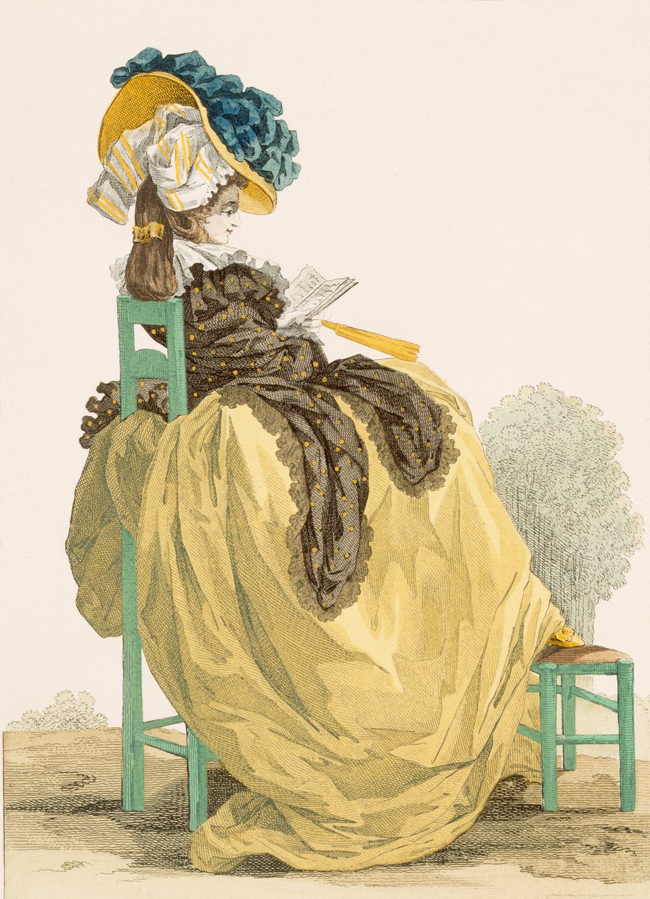 Dáma čtoucí v zahradě v jednoduchých žlutých šatech s hnědým šátkem, vyryl Dupin, deska č. 223 z "Galeries des Modes et Costumes Francais", 1790. od Francois Louis Joseph Watteau