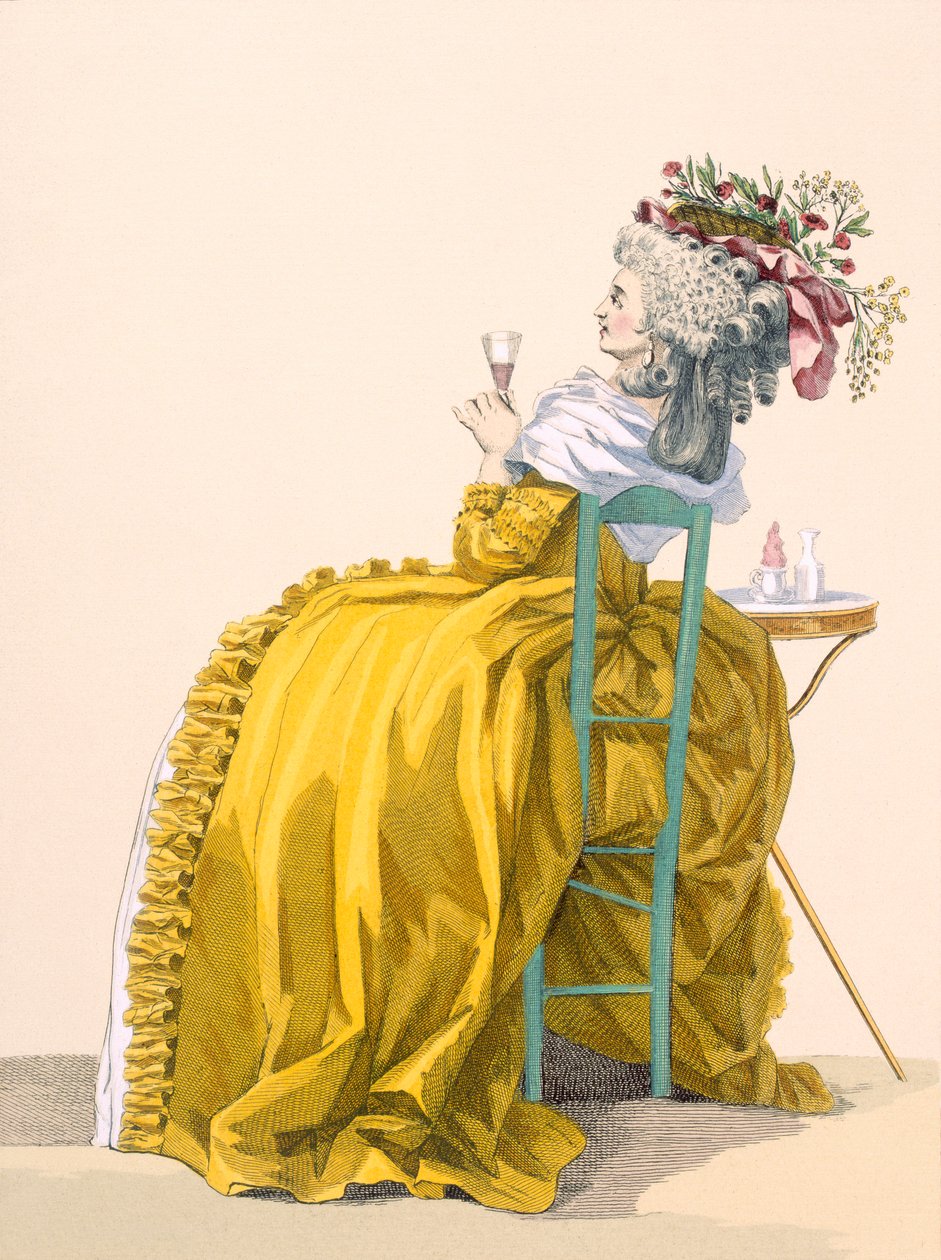 Lady leží na židli a pije šampaňské, vyryto Dupinem, deska č. 193 z 