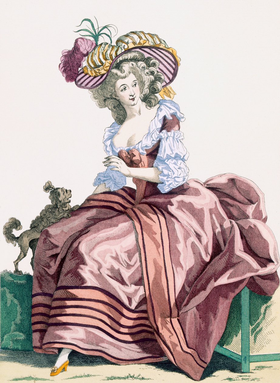 Elegantní saténová róba v karamelové barvě, rytina Le Beau, deska č. 172 z "Galeries des Modes et Costumes Francais", asi 1778-87. od Francois Louis Joseph Watteau