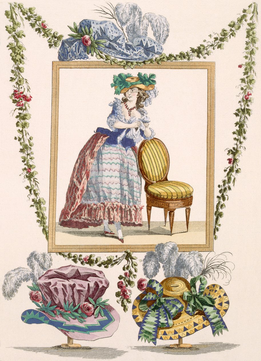Žena v elegantních denních šatech s kloboukem, rytina Duhamela, deska č. 235 z "Galeries des Modes et Costumes Francais", asi 1778-87. od Francois Louis Joseph Watteau