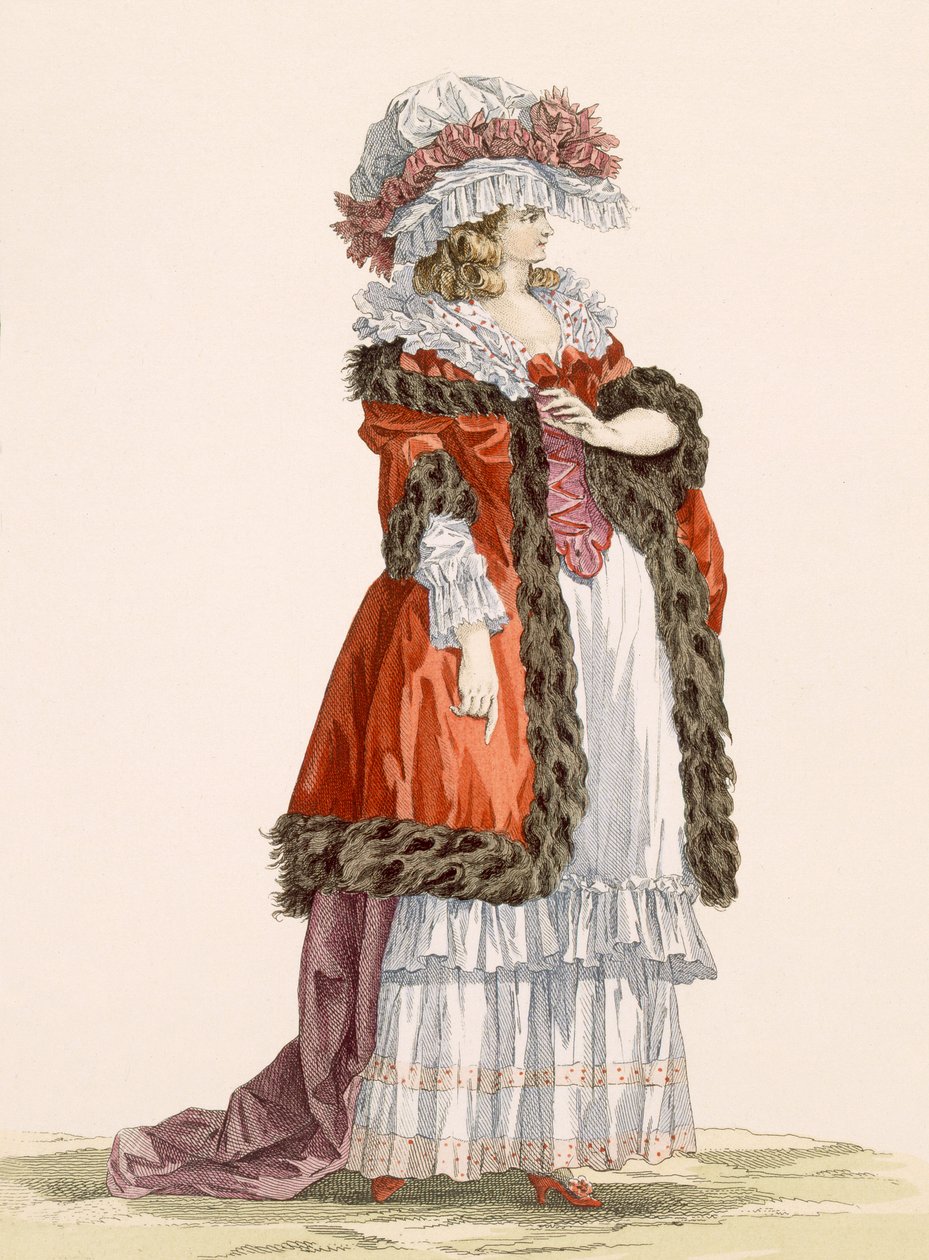 Šaty mladé dámy na promenádu, vyryl Dupin, deska č. 214 z "Galeries des Modes et Costumes Francais", 1789. od Francois Louis Joseph Watteau