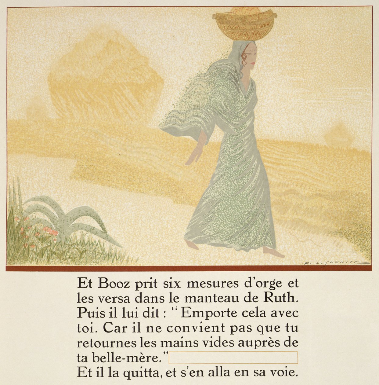 Boaz dal Ruth šest měr ječmene, aby je vzala své tchyni, z „Ruth et Booz“, přeloženého J. C. Mardrusem, vydáno 1930 od Francois Louis Schmied