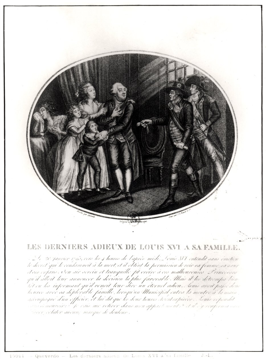 Poslední sbohem Ludvíka XVI. (1754-93) jeho rodině, 20. ledna 1793, vyryl J. L. Benoist (fl. 1800-40) od Francois Maria Isidore Queverdo