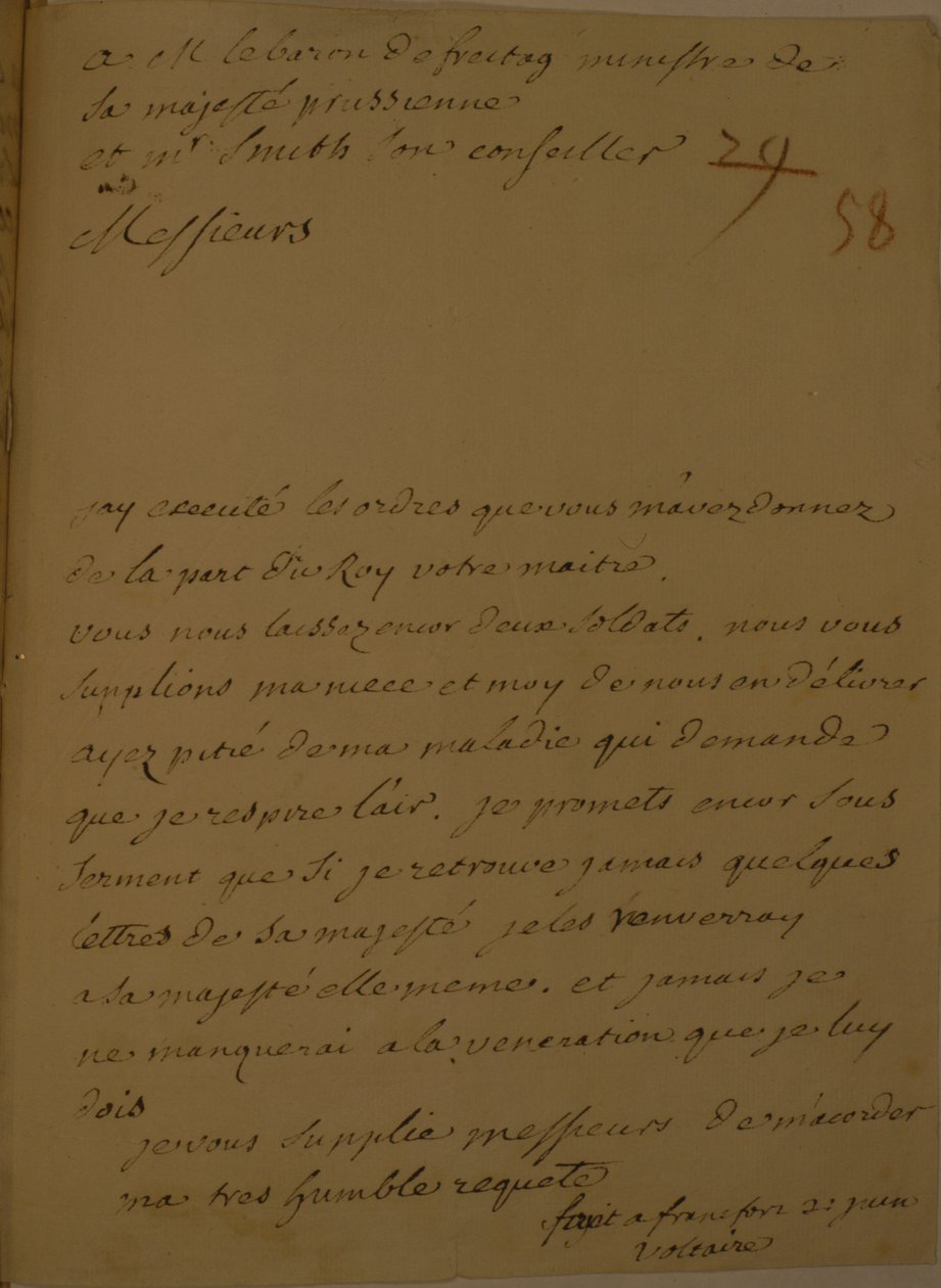 Žádost o propuštění z vězení, 31. června 1753 od Francois Marie Arouet Voltaire
