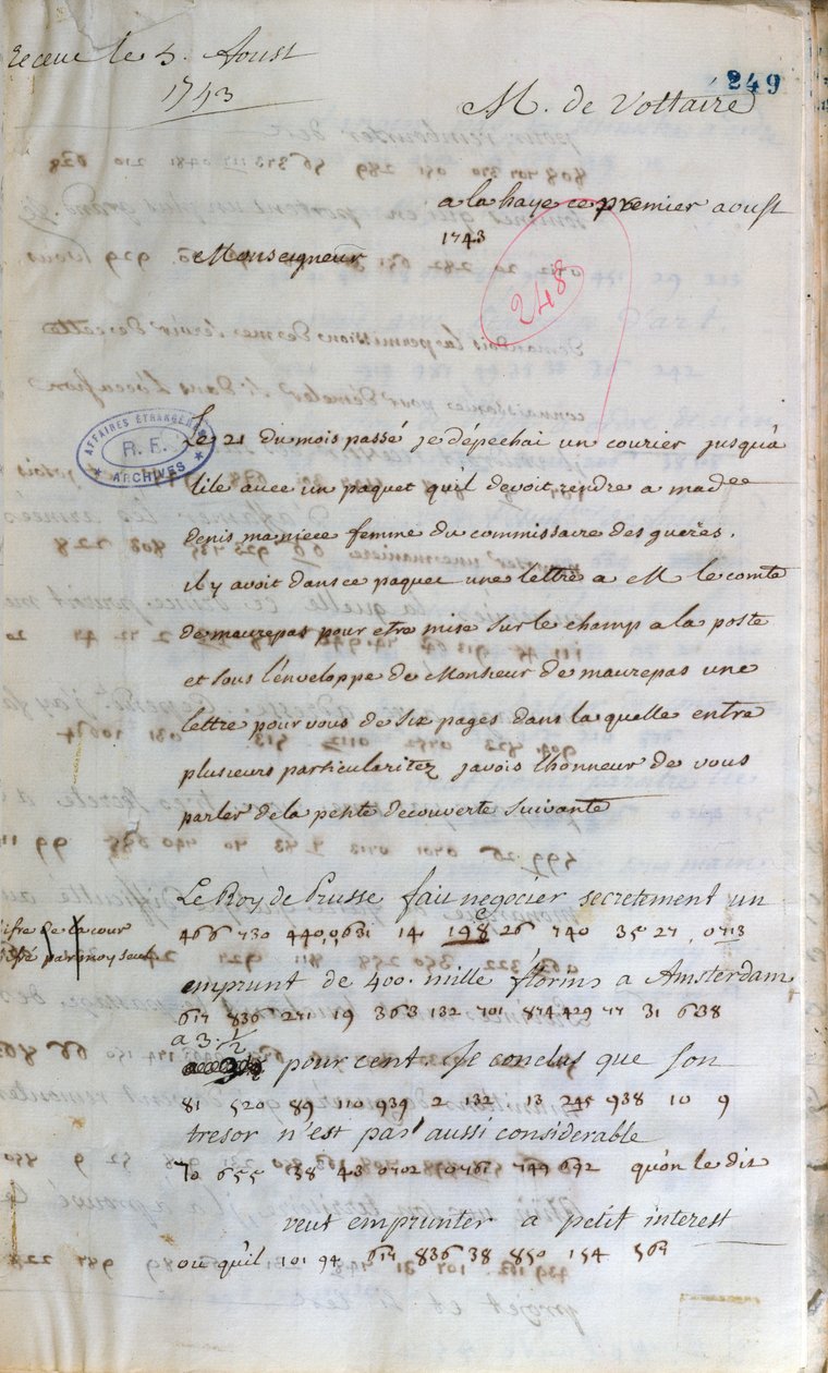 Dopis napsaný Voltairem, když pracoval jako tajný agent v Haagu francouzskému ministru zahraničí v Paříži, 1. srpna 1743 od Francois Marie Arouet Voltaire
