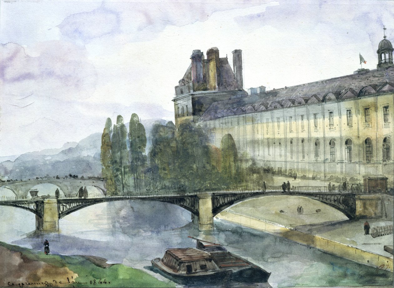 Pohled na Pavillon de Flore v Louvru, 1844 (pero, tuš a čb na papíře) od Francois Marius Granet