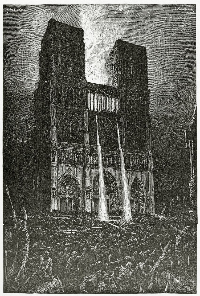 Quasimodo nalévá vroucí olej na armádu padouchů, kteří se snaží zachránit Esmeraldu - ilustrace z Notre Dame de Paris, 19. století (č. rytina) od Francois Nicolas Chifflart