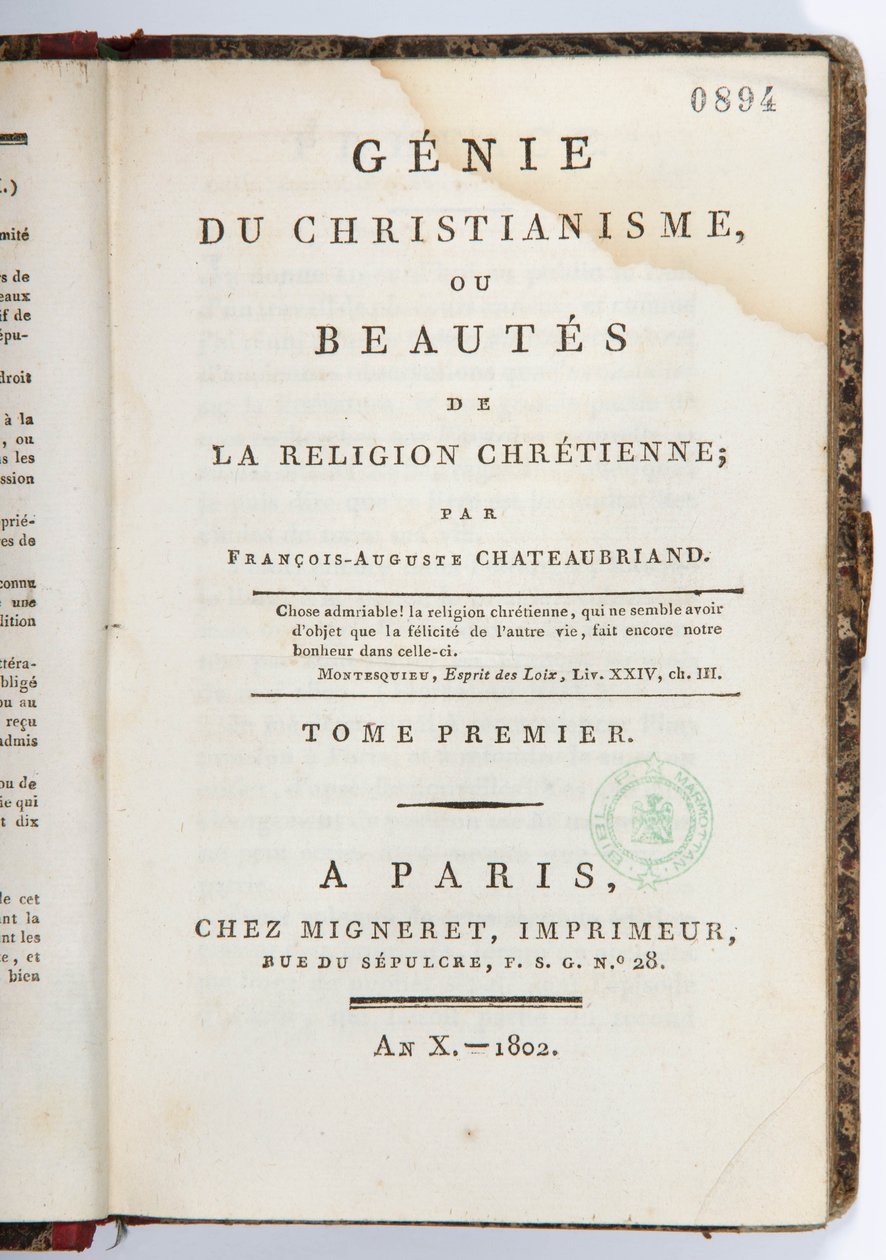 Titulní list knihy "Genie du Christianisme ou Beautes de la Religion Chretienne", díl I, chez Migneret Imprimeur, Paříž, 1802 (tištěný papír) od Francois Rene Vicomte de Chateaubriand