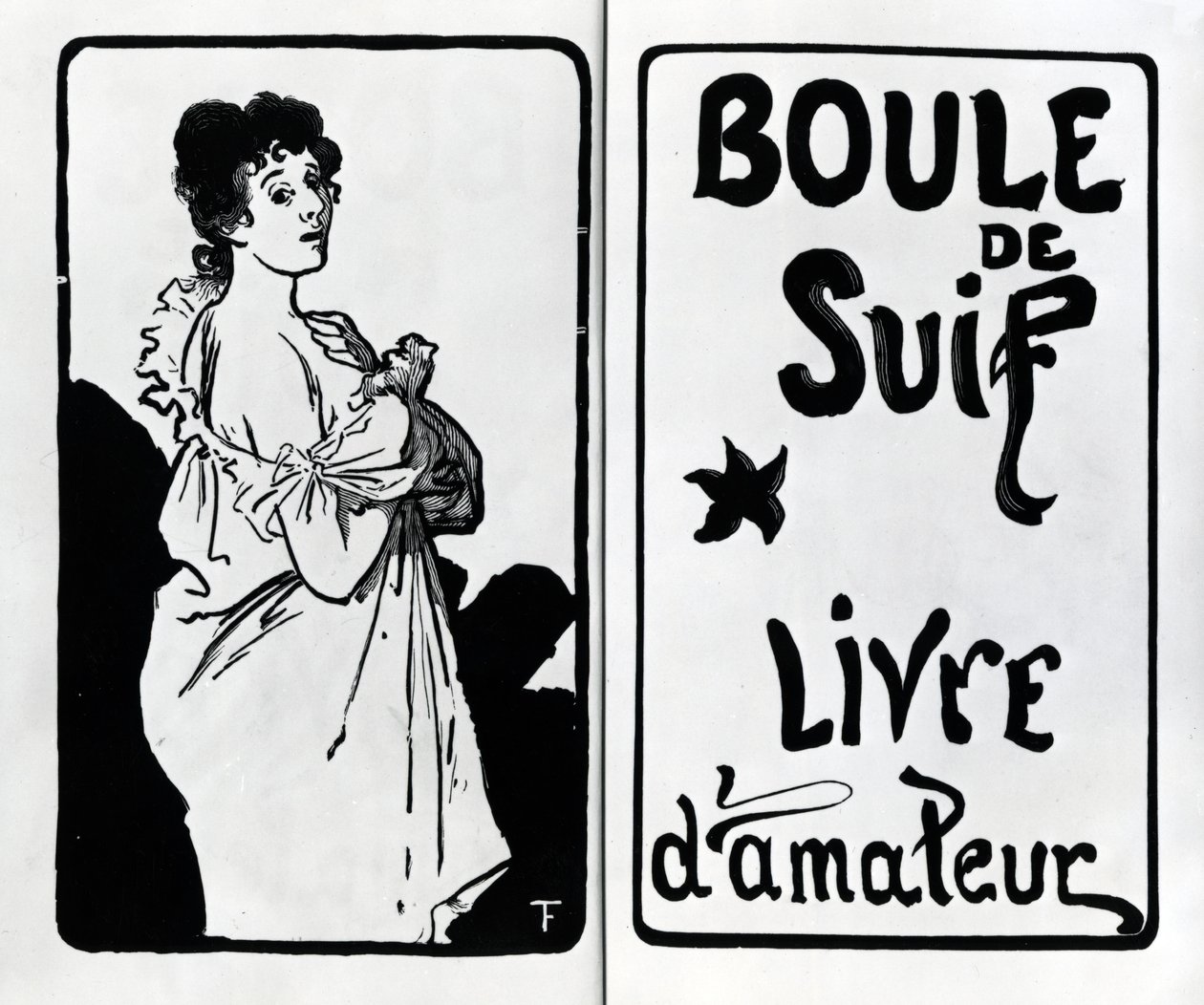 Frontispis a titulní strana pro „Boule de Suif“ od Guye de Maupassanta, dřevoryty od A. Romagnola, vydáno 1897 od Francois Thevenot