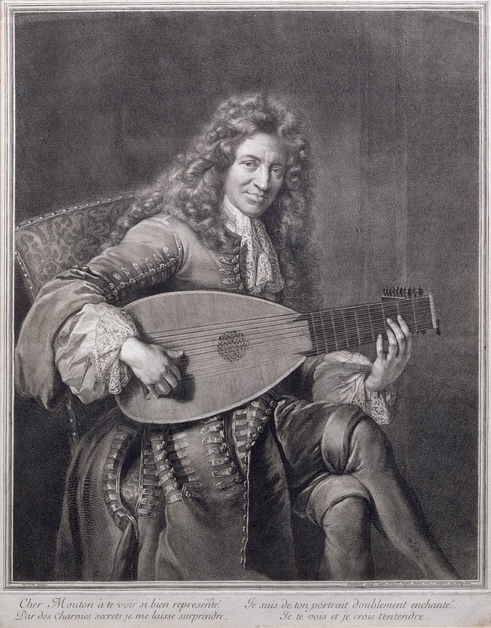Portrét Moutona hrajícího na loutnu, vyrytý Gerardem Edelinckem (1640-1707) od Jean François de Troy
