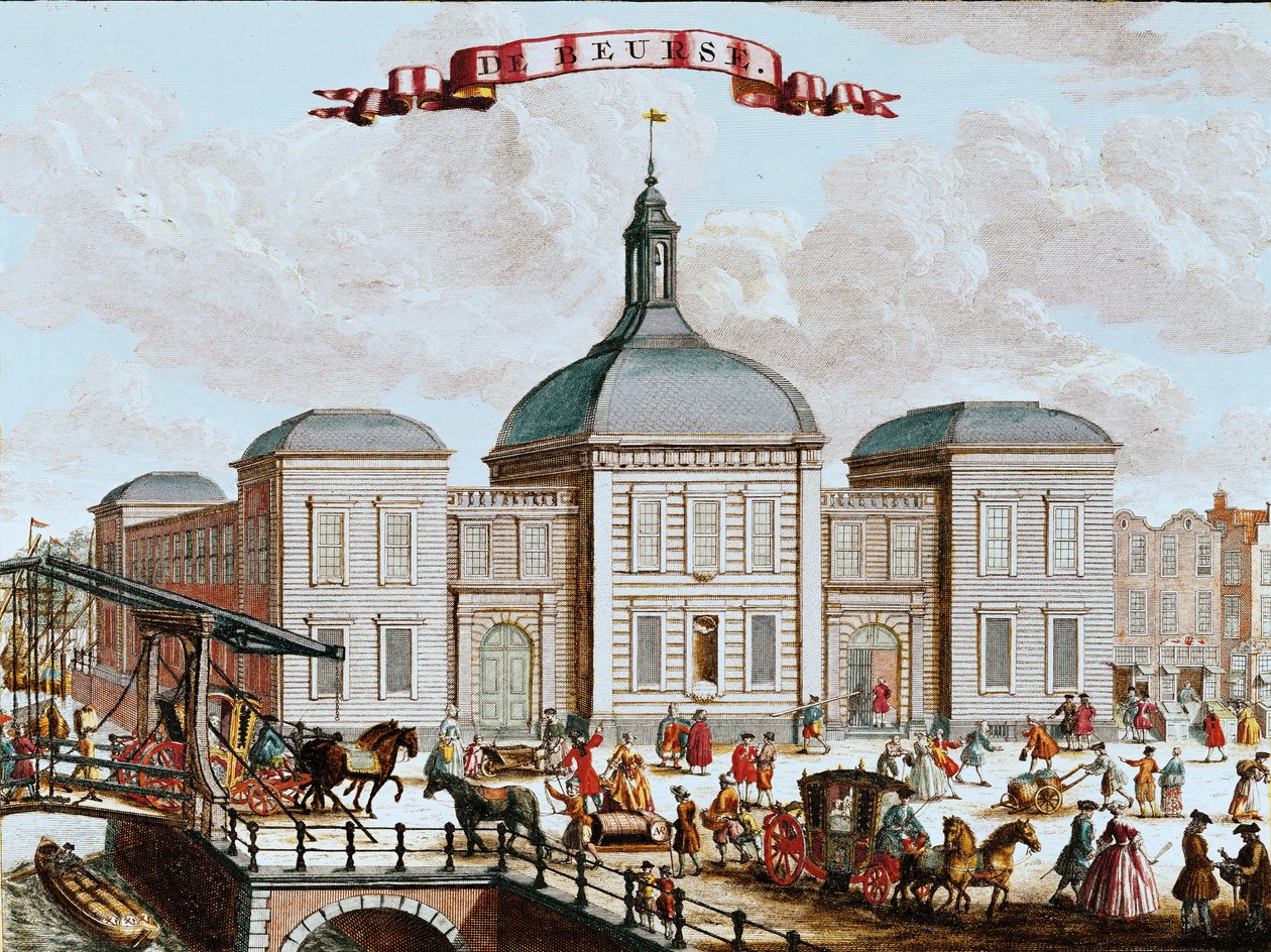 The Stock Exchange, Amsterdam, 1743 (barevná rytina) od Francois van Bleyswyck