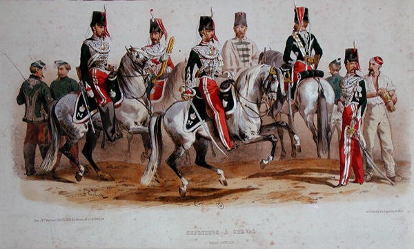 Francouzští kavaleristé v době Druhého císařství (barva lito) od Francois Hippolyte (after) Lalaisse