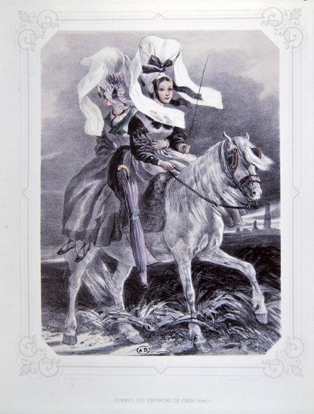 Ženy z oblasti Caen v Normandii, z „La Normandie Illustree“, vyryto Charpentierem, vydáno v Nantes 1852 (barevně lito) od Francois Hippolyte (after) Lalaisse