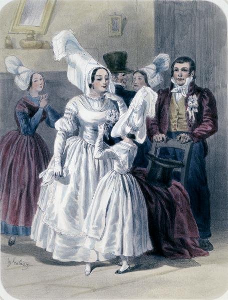 Nevěsta a dívka před prvním přijímáním, z oblasti Nantes a dolní Loiry (barva litho) od Francois Hippolyte Lalaisse