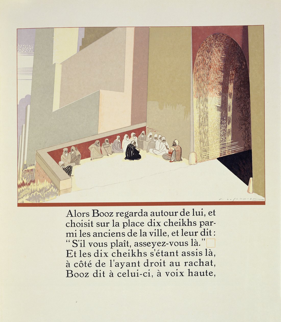 Boaz si na trhu vybírá deset starších z „Ruth et Booz“, přeloženého J. C. Mardrusem, vydaného v roce 1930 od Francois Louis Schmied