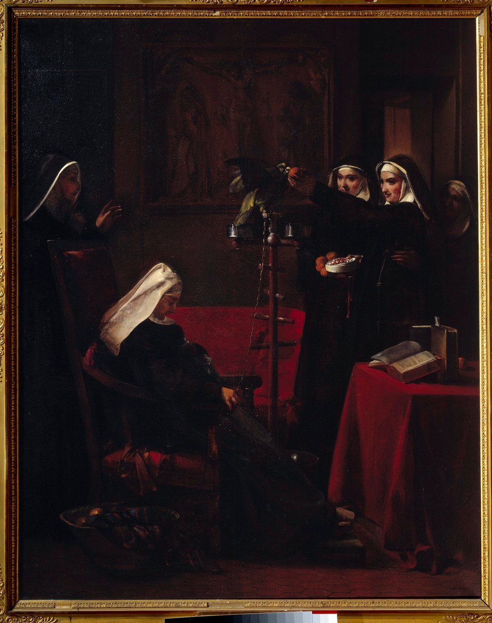Green Green Nuns dávají jídlo papouškovi spící jeptišky. Obraz Francoise Mariuse Graneta (1775-1849) od Francois Marius Granet