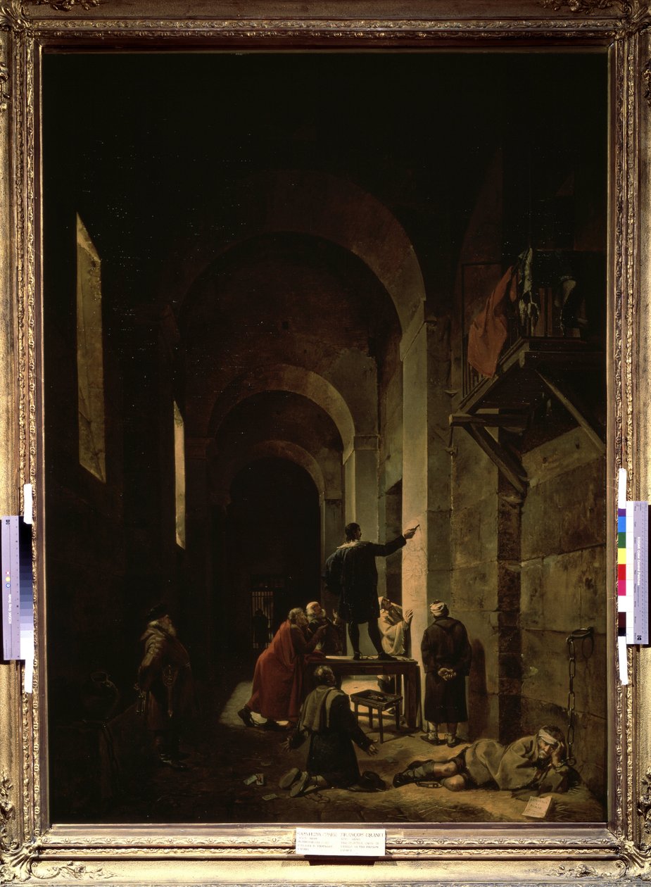 ""Malíř Jacques Stella (1596-1657) ve vězení"" (Malíř Jacques Stella ve vězení). Ilustrace z ""Rozhovory o životech a dílech nejznamenitějších starověkých a moderních malířů"" od Andre Felibien. Obraz Francoise Graneta (1775 od Francois Marius Granet