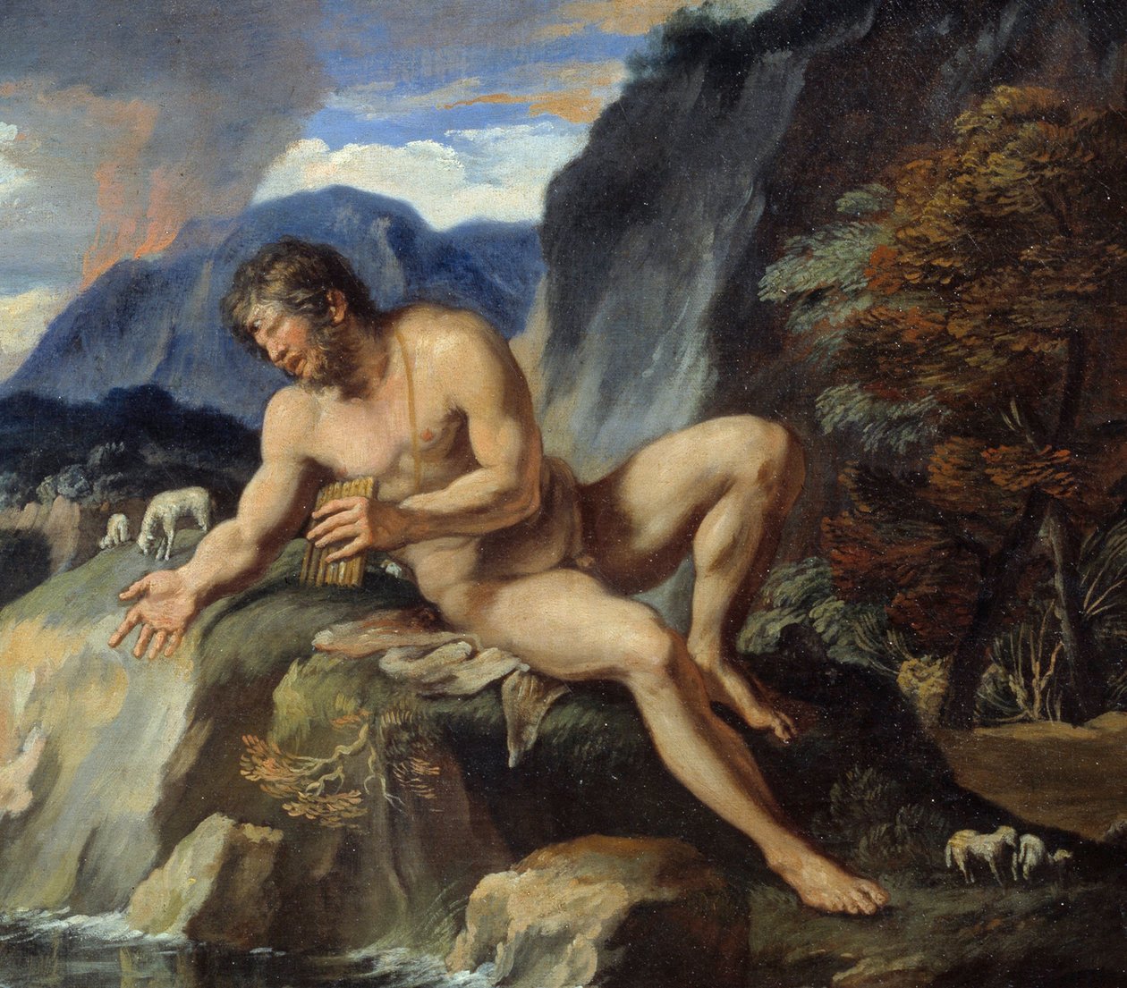 Kyklop Polypheme s Panovou flétnou, detail „“Acis a Galatee“““ Nymfu Galatee a Acis pozoruje Cyclops Polypheme a žárlí na jejich idylickou lásku. Podle Ovidiových „Metamorfóz“. Obraz Francoise Perriera (1590-1650) 17. st od Francois Perrier