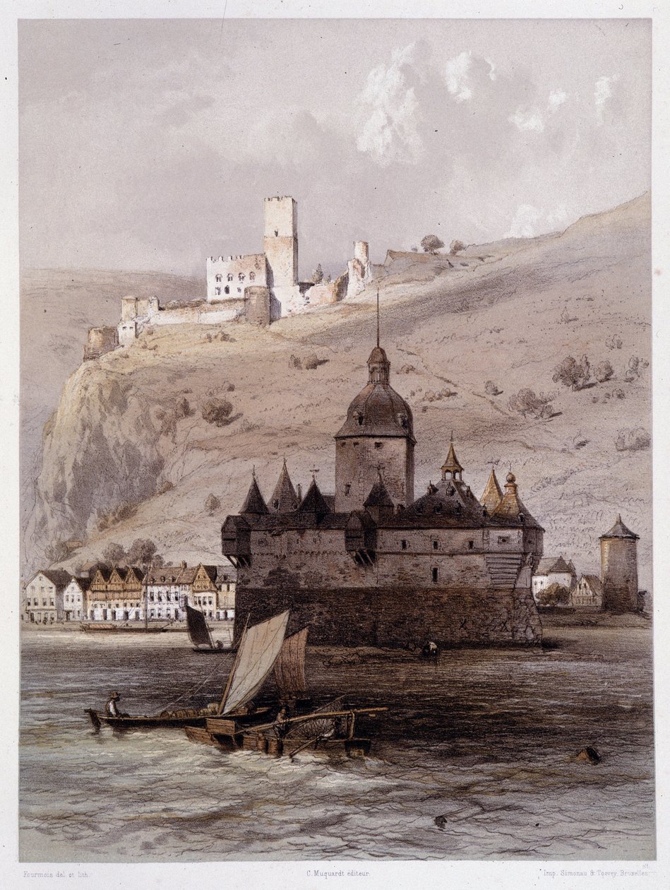 Chateau a Pfalz, Německo. V "" Monumentální a malebný Rýn"". Litografie od Fourmaise a Stroobanta od Francois Stroobant