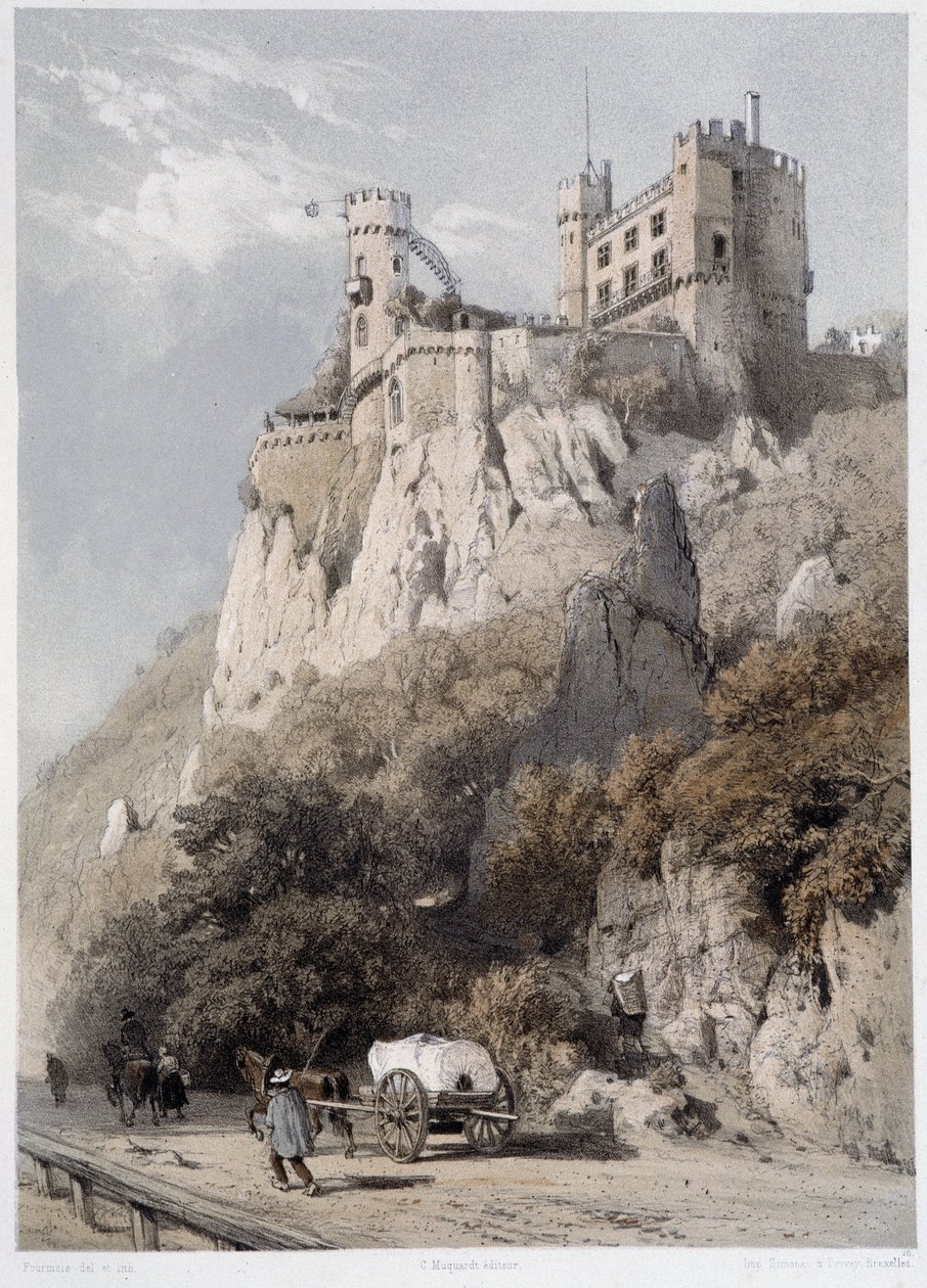 zámek Rheinstein. V "" Monumentální a malebný Rýn"". Litografie od Fourmaise a Stroobanta od Francois Stroobant