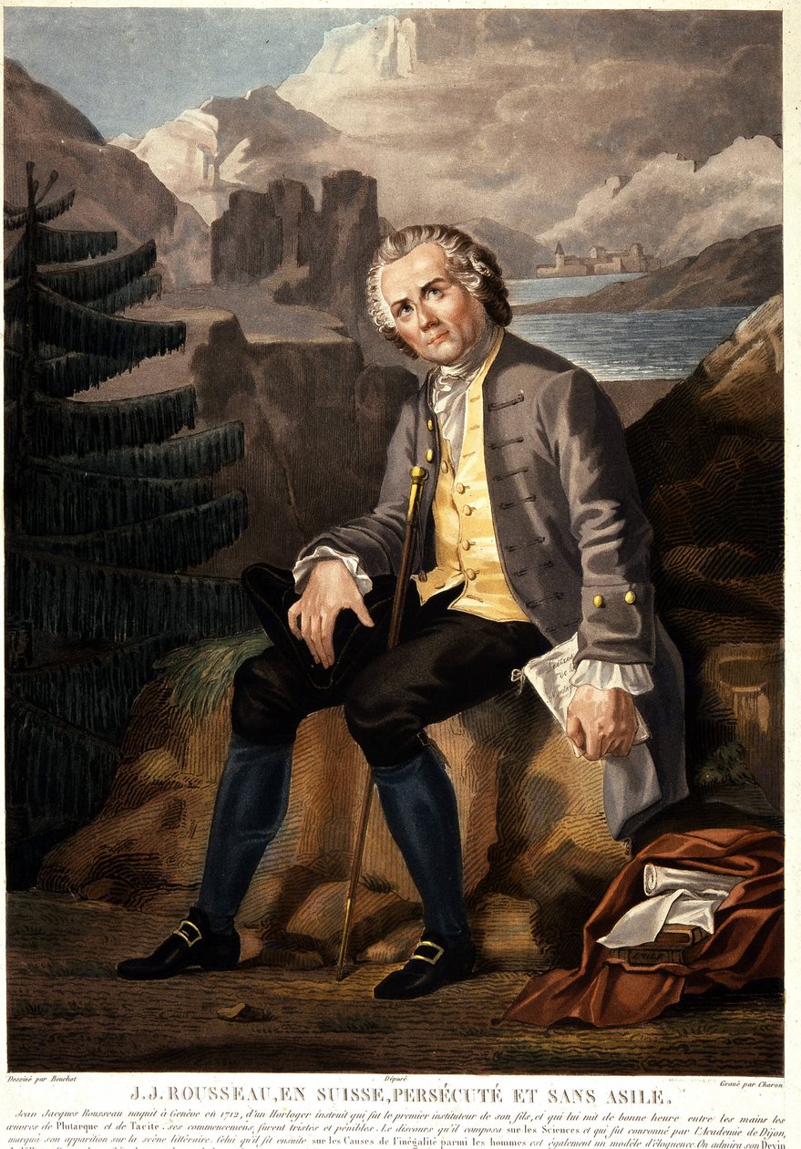 Jean Jacques Rousseau ve Švýcarsku, pronásledovaný a bez azylu. Akvatinta od Charon d