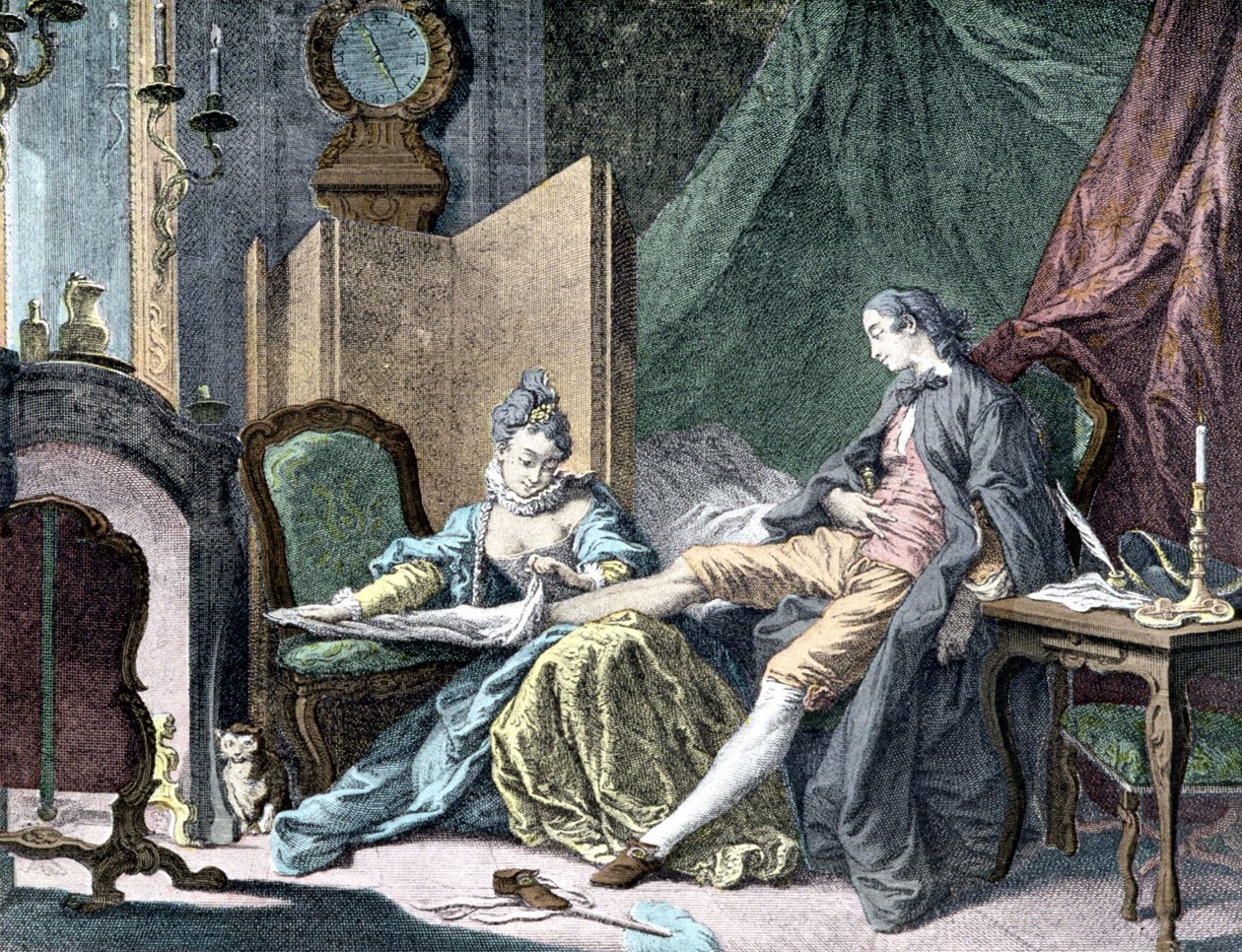 La Courtesan amoureuse: Žena odstraňující spodek muže - rytina ap. Řezník od Francois (after) Boucher