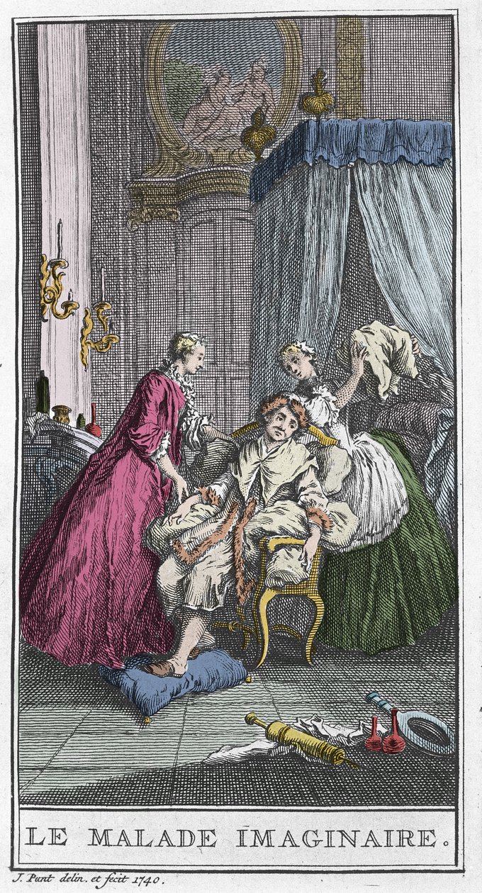 Imaginární pacient. Divadelní kus Jean Baptiste Poquelin dit Moliere (1622-1673). Rytina v „Imaginárním pacientovi“ od T. de Mare po Boucherovi. od Francois (after) Boucher