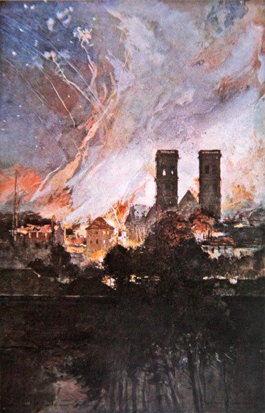 Bitva u Verdunu: Německé bombardování Verdunu zápalnými granáty od Francois (after) Flameng