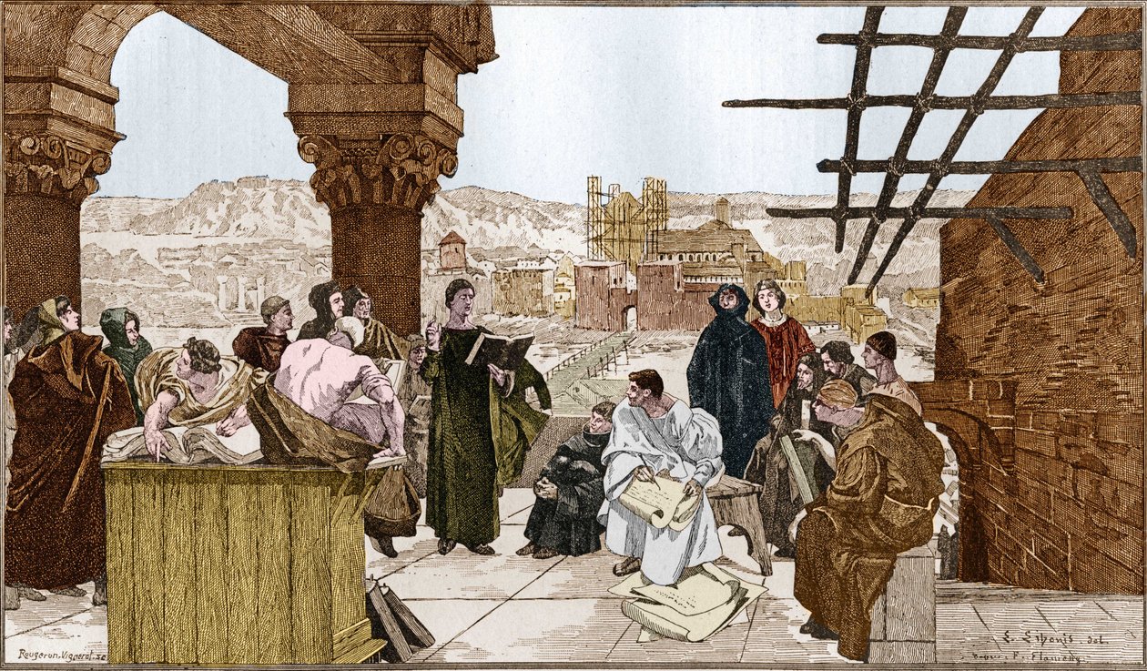 Pierre Abelard nebo Abailard (1079-1142), francouzský filozof a teolog a jeho škola na hoře Sainte Genevieve. Z fresky Francoise Flamenga. od Francois (after) Flameng
