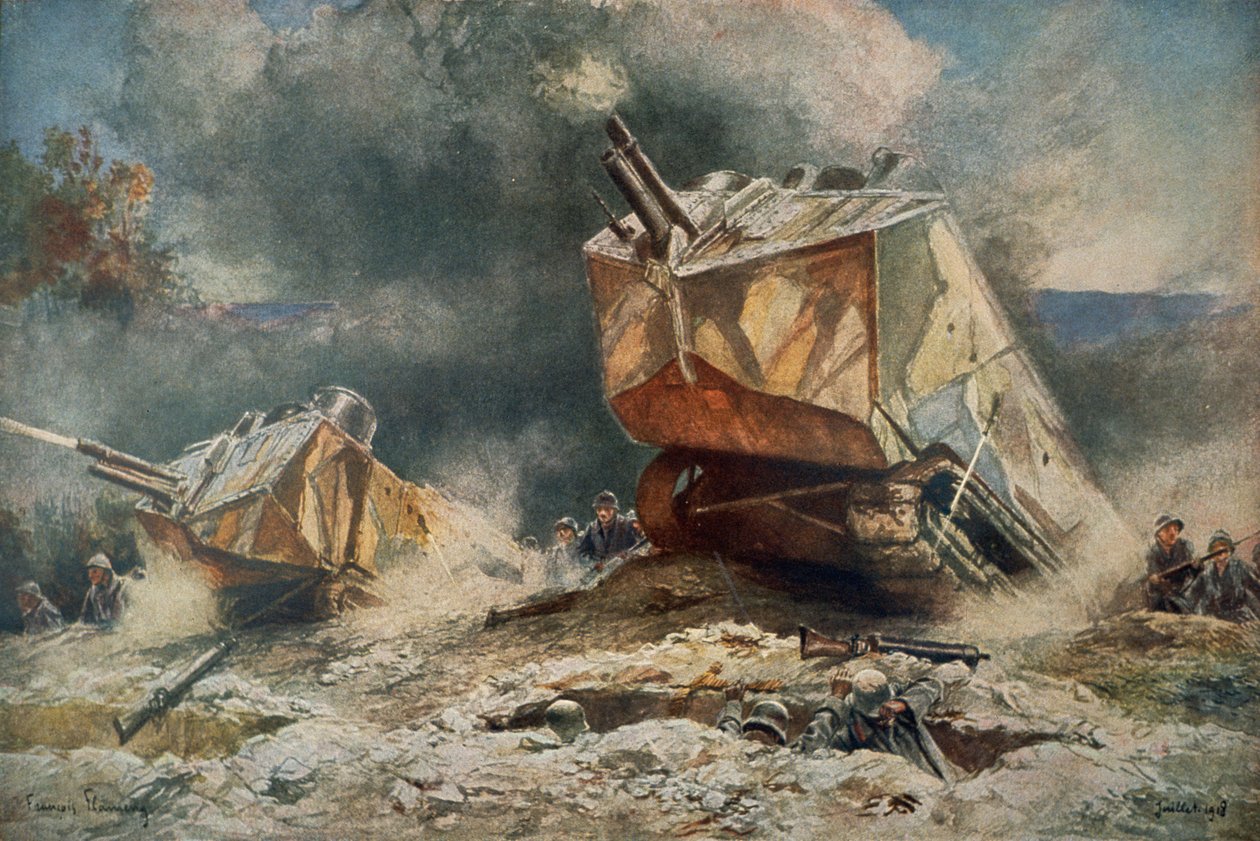 Francouzský tank z první světové války typu St Chamond postupující na německé pozice od Francois (after) Flameng