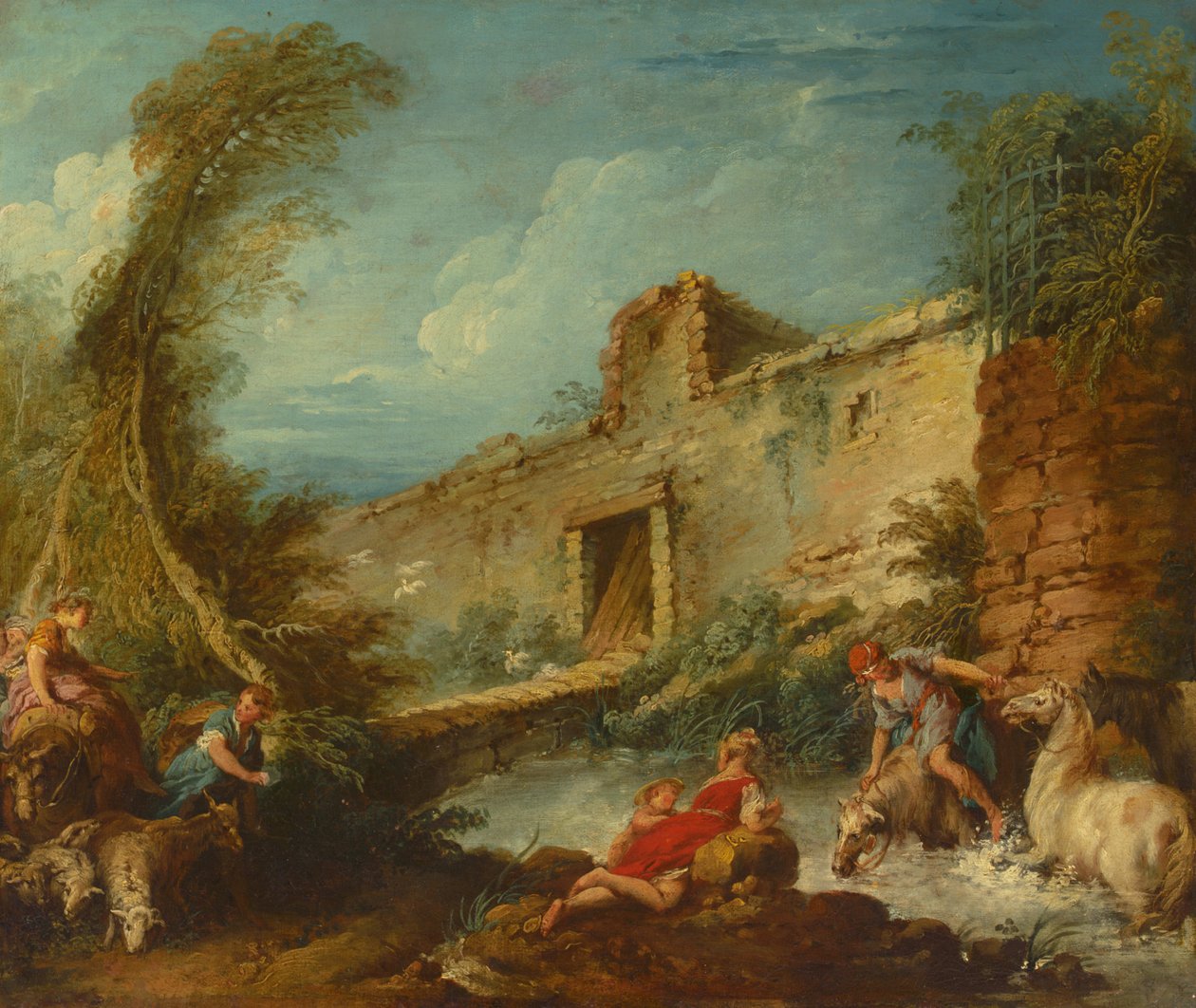 Ford Crossing, cca 1703-70 (olej na plátně) od Francois (and studio) Boucher