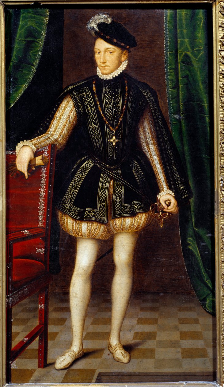Portrét na nohou francouzského krále Karla IX. (1550 - 1574). Malba z dílny Francoise Cloueta (1515-1572) od Francois (workshop of) Clouet