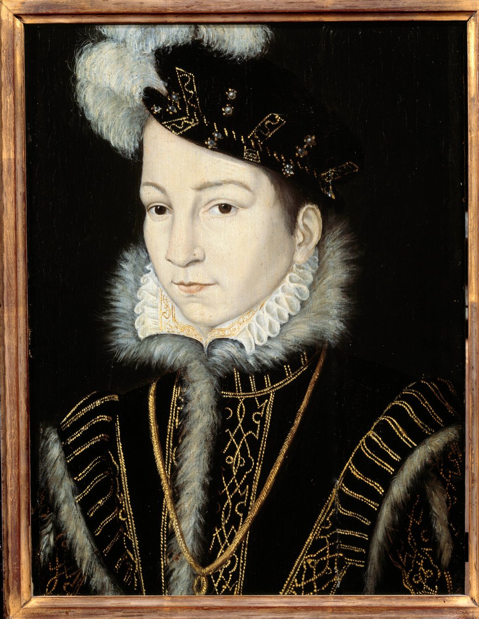Portrét francouzského krále Karla IX. (1550 - 1574). Atelier de Francois Clouet (1515-1572), v. 1555. Olej na dřevě. Rozměr: 0,32 x 0,23 m. Olej na dřevě. - Portrét Karla IX., francouzského krále (1550-1574). Dílna Francoise Cloueta (1515-1572), cca 1555.  od Francois (workshop of) Clouet