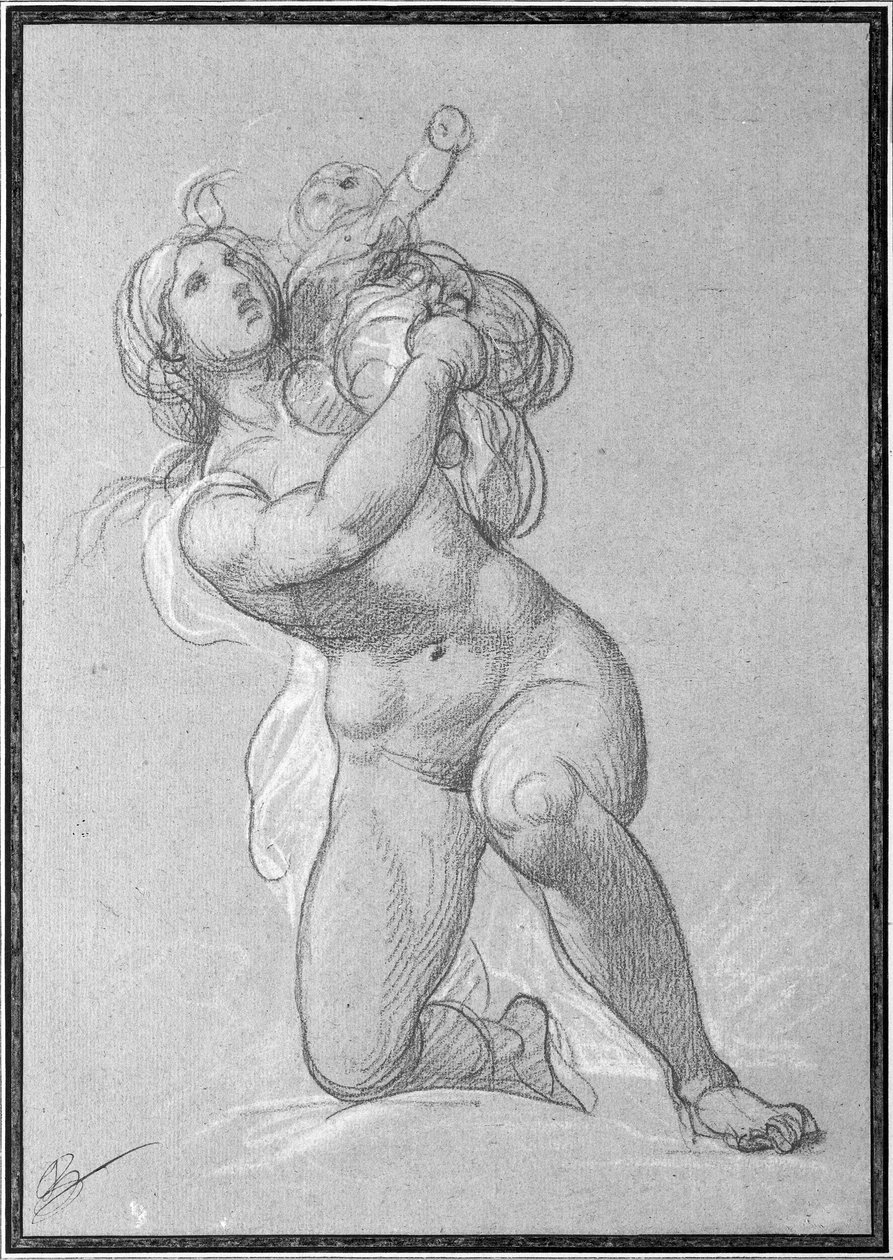 Klečící nahá žena držící dítě, kolem roku 1781 (červená pastelka a bílá křída na papíře) od François André Vincent