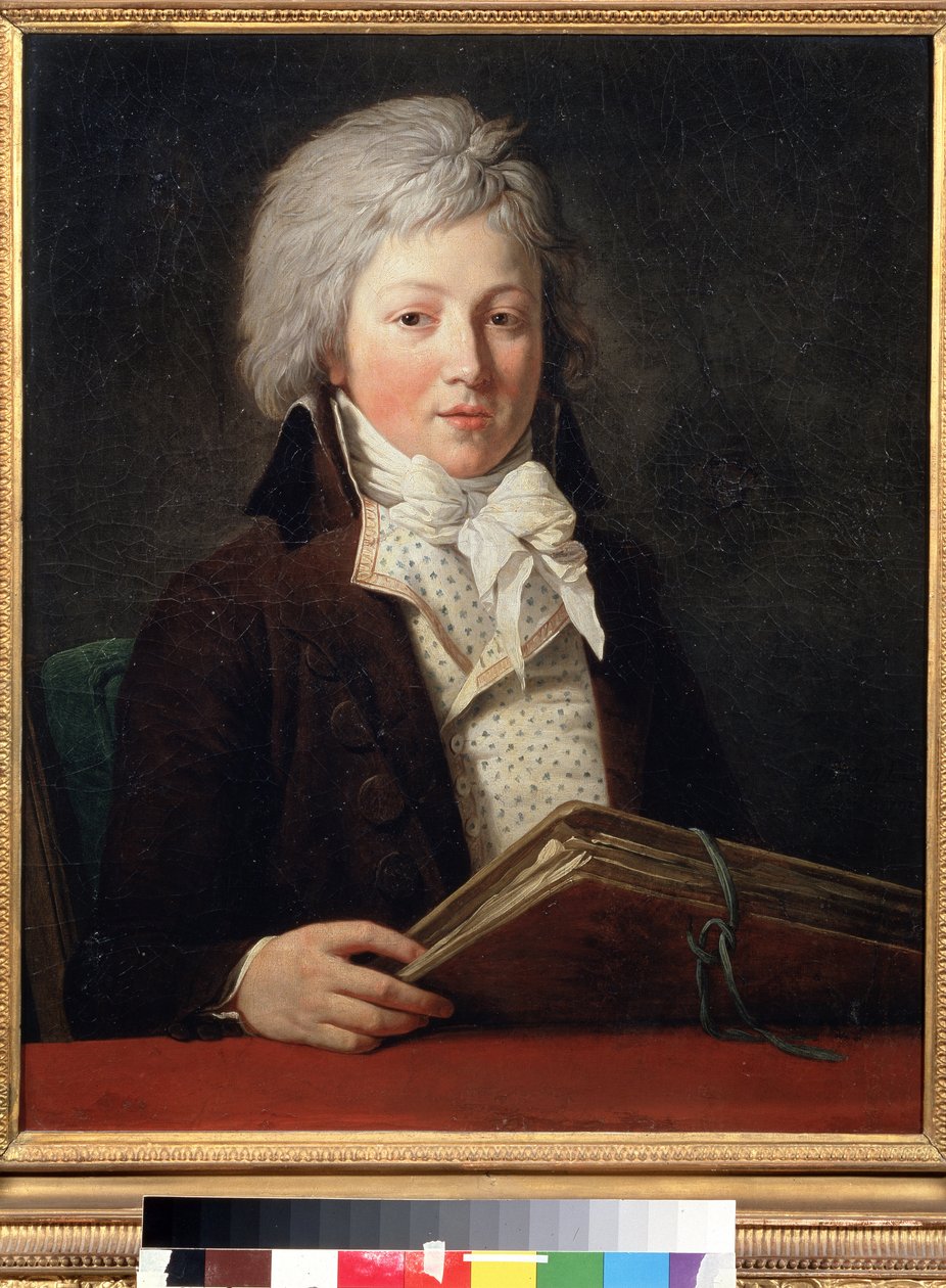 Portrét mladého muže, který držel složku s kresbami. Obraz Francoise Andre Vincenta (1746-1816). Olej na plátně, 73 x 59 cm od François André Vincent