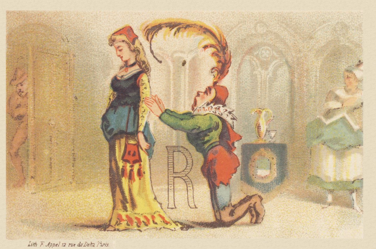 R (dopis zobrazený dámou a komorníkem na kolenou) od Francois Antoine Appel