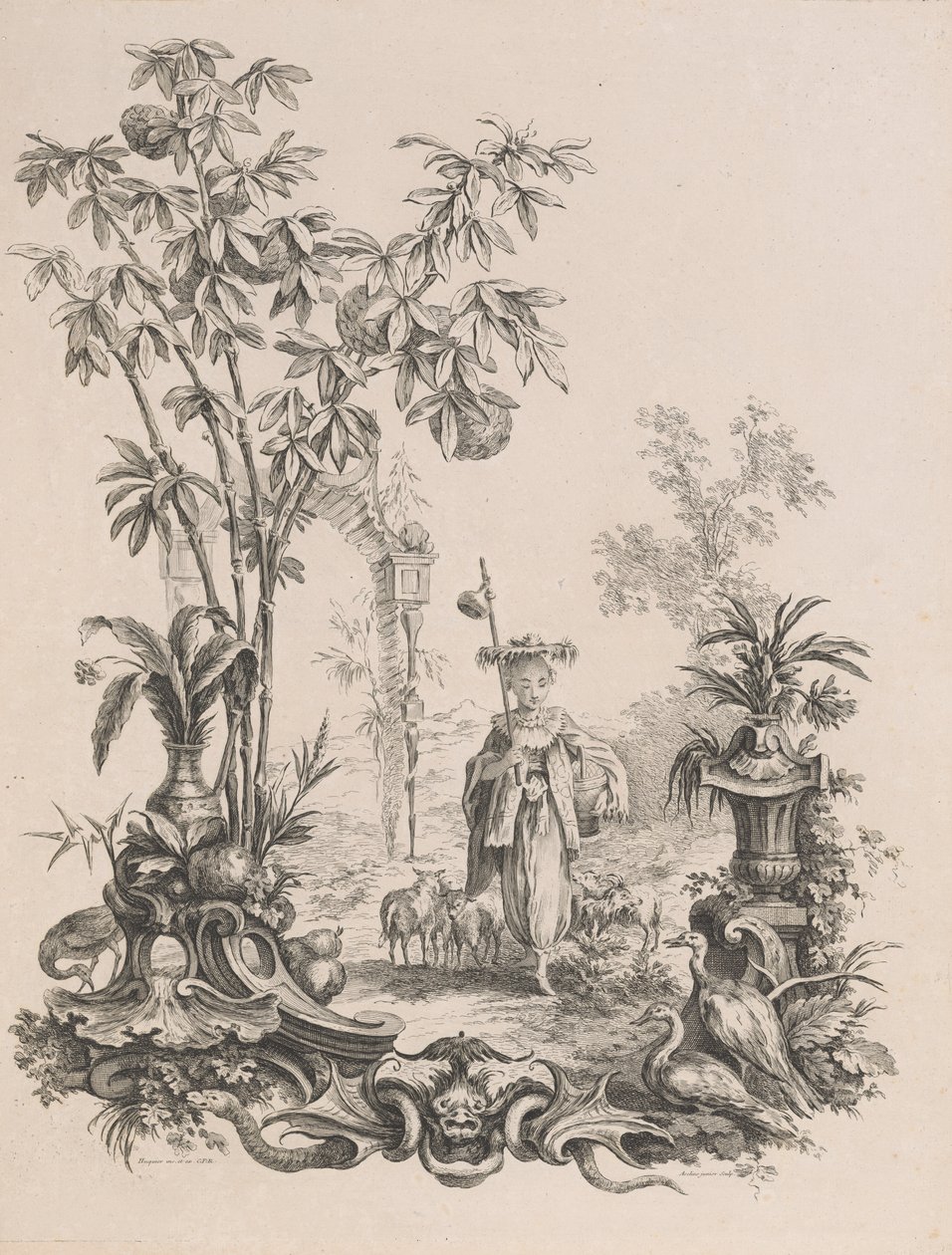Mladá čínská dívka chodí, obklopená svými ovcemi, cca 1740-50. od Francois Antoine Aveline